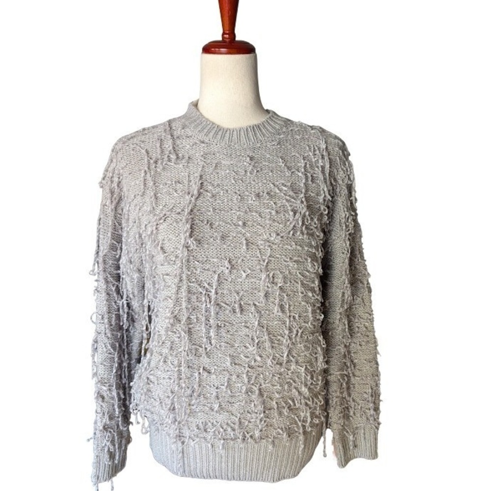 RARE Sally LaPointe Gray Shaggy Fringe Knit Crewneck Sweater Size S NWT